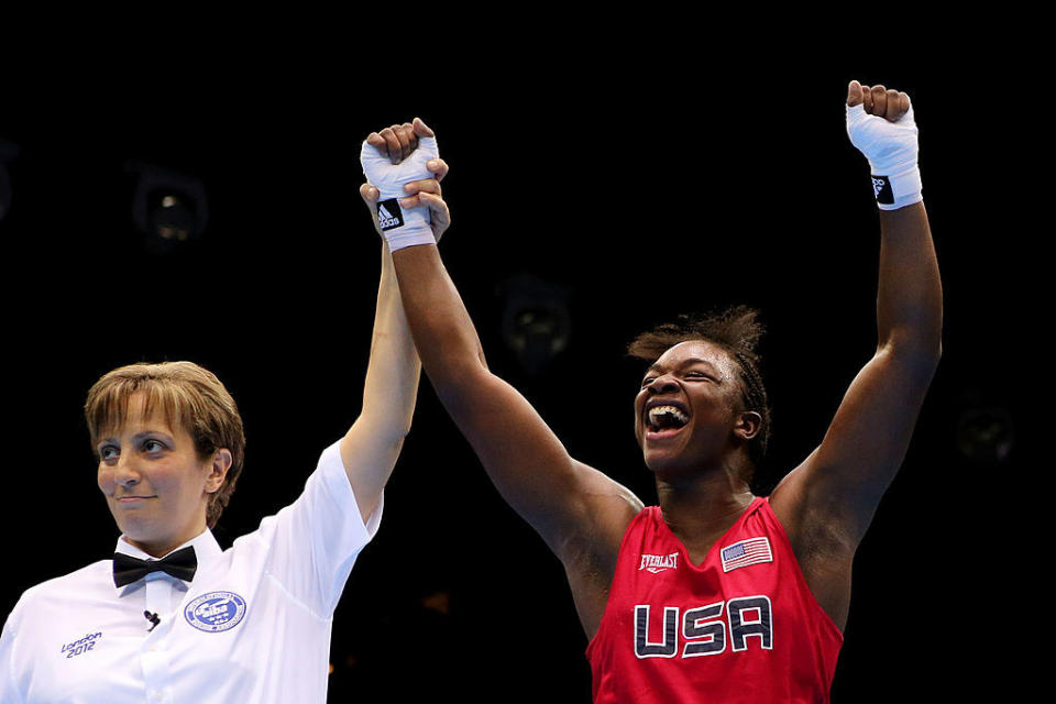 Claressa Shields cheering after finding out she's won the boxing match