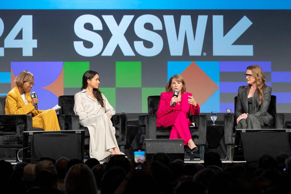 For the keynote, Duchess Meghan joined Katie Couric, Brooke Shields and sociologist Nancy Wang Yuen Friday for the panel moderated by journalist Errin Haines.