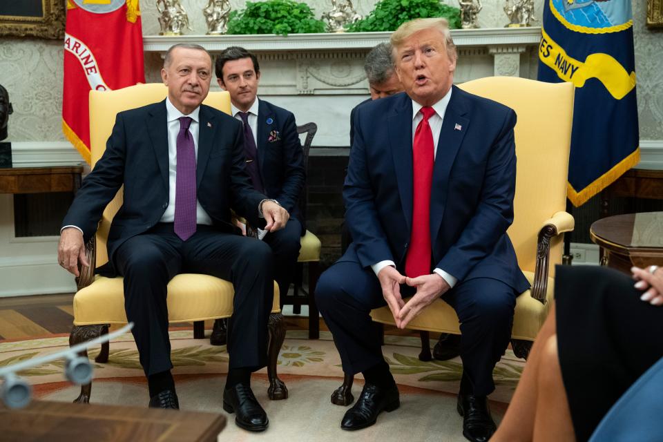 President Donald Trump meets with Turkish President Recep Tayyip Erdogan in the Oval Office of the White House, Wednesday, Nov. 13, 2019, in Washington.