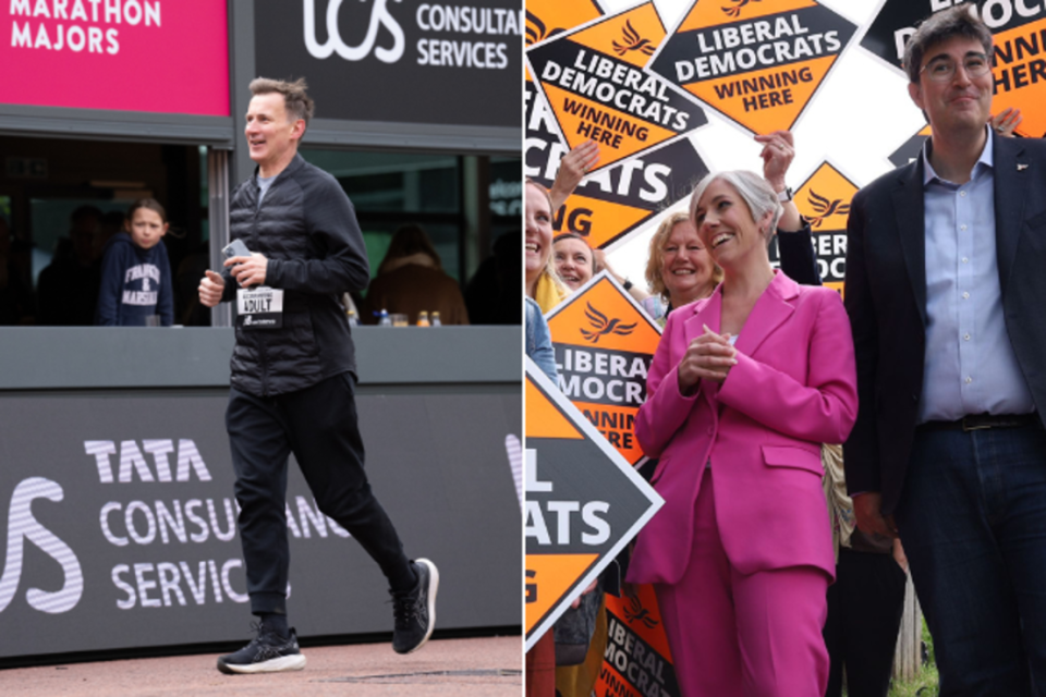 From left, Jeremy Hunt, Daisy Cooper and Lib Dem candidate in Godalming and Ash, Paul Follows. Photo: PA