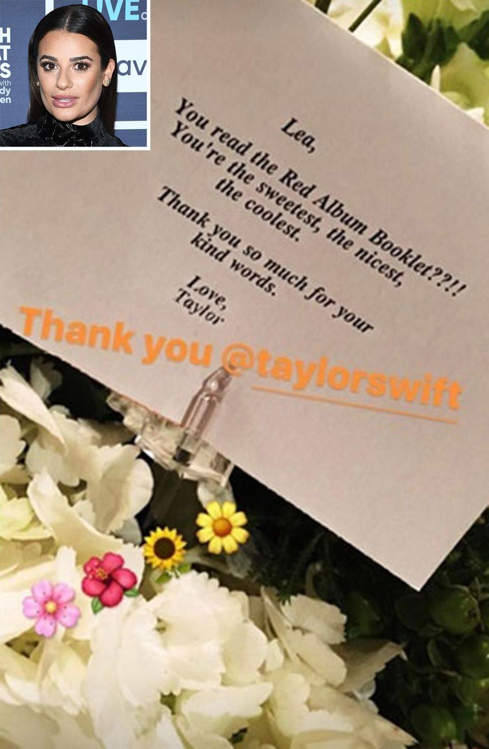 <i>The Mayor</i> star's admission that <a href="http://people.com/music/lea-michele-taylor-swift-love-new-album/" rel="nofollow noopener" target="_blank" data-ylk="slk:she can't get enough of Swift's music;elm:context_link;itc:0;sec:content-canvas" class="link ">she can't get enough of Swift's music</a> was enough for the Grammy winner to send her flowers. "I love her. I was just talking to Emma Roberts about her the other day and we were reading the inside of her booklet for <i>Red</i>, and she has this amazing little excerpt she wrote inside about different kinds of love," Michele told PEOPLE. "She's really an amazing songwriter and her music is just the best girl music ever." <a href="http://www.etonline.com/news/209492_taylor_swift_sends_lea_michele_flowers_for_being_the_sweetest_the_nicest_the_coolest" rel="nofollow noopener" target="_blank" data-ylk="slk:As for Swift's response?;elm:context_link;itc:0;sec:content-canvas" class="link ">As for Swift's response?</a> The <i>Reputation</i> crooner's card in Michele's bouquet read: "Lea, You read the Red Album Booklet??!! You're the sweetest, the nicest, the coolest." 