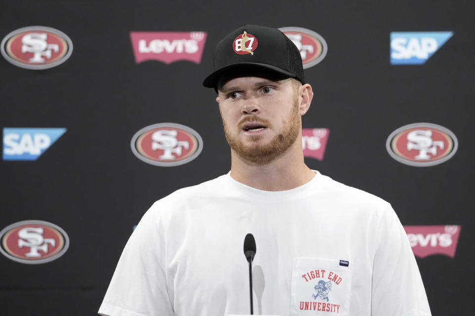 San Francisco 49ers quarterback Sam Darnold speaks to reporters after an NFL preseason football game against the Los Angeles Chargers in Santa Clara, Calif., Friday, Aug. 25, 2023. (AP Photo/Godofredo A. Vásquez)
