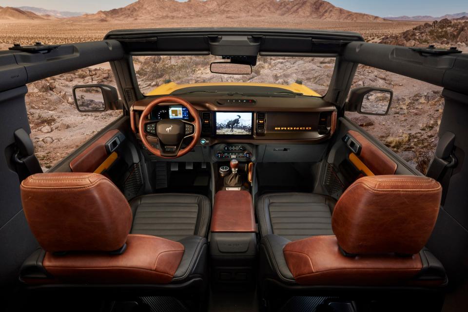 Interior of the 2021 Bronco, which features an open-air-design roof.
