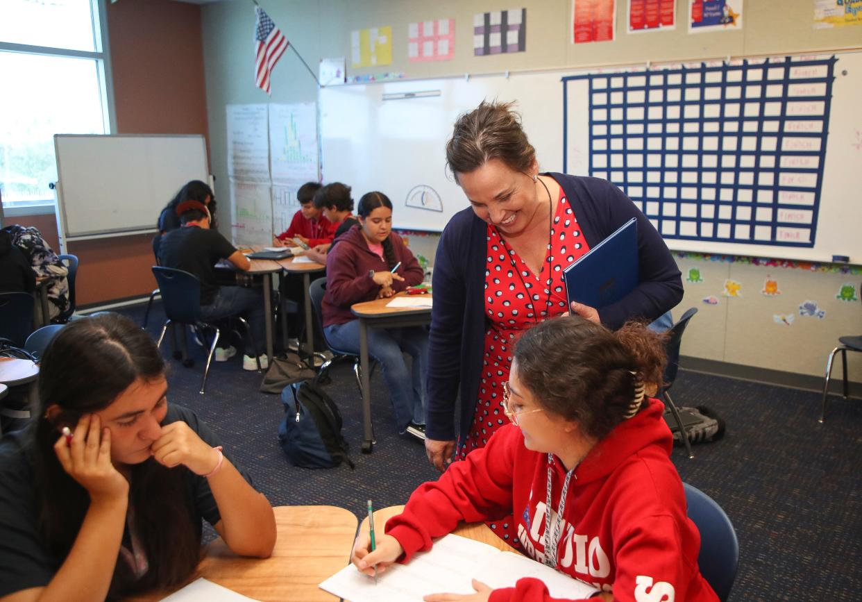 Indio High School teacher Amy Torres works with her students at Indio High School in Indio, Calif., May 16, 2024. Torres was awarded a Teacher of the Year certificate by the Riverside Office of Education.