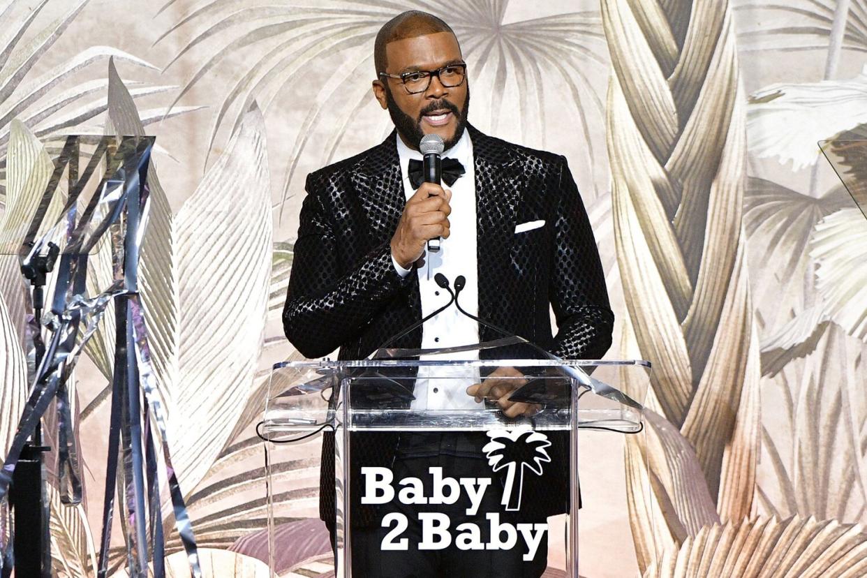 Tyler Perry speaks during the 2022 Baby2Baby Gala presented by Paul Mitchell