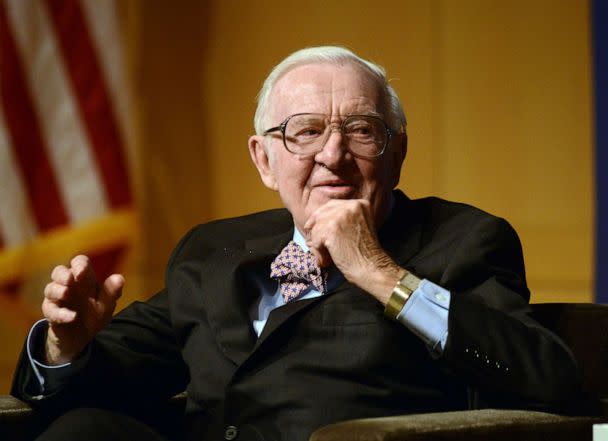 PHOTO: Retired Supreme Court Justice John Paul Stevens answers a question posed by Brooke Gladstone (not shown), Host and Managing Editor of National Public Radio newsmagazine at the National Constitution Center April 28 2014 in Philadelphia. (William Thomas Cain/Getty Images, FILE)
