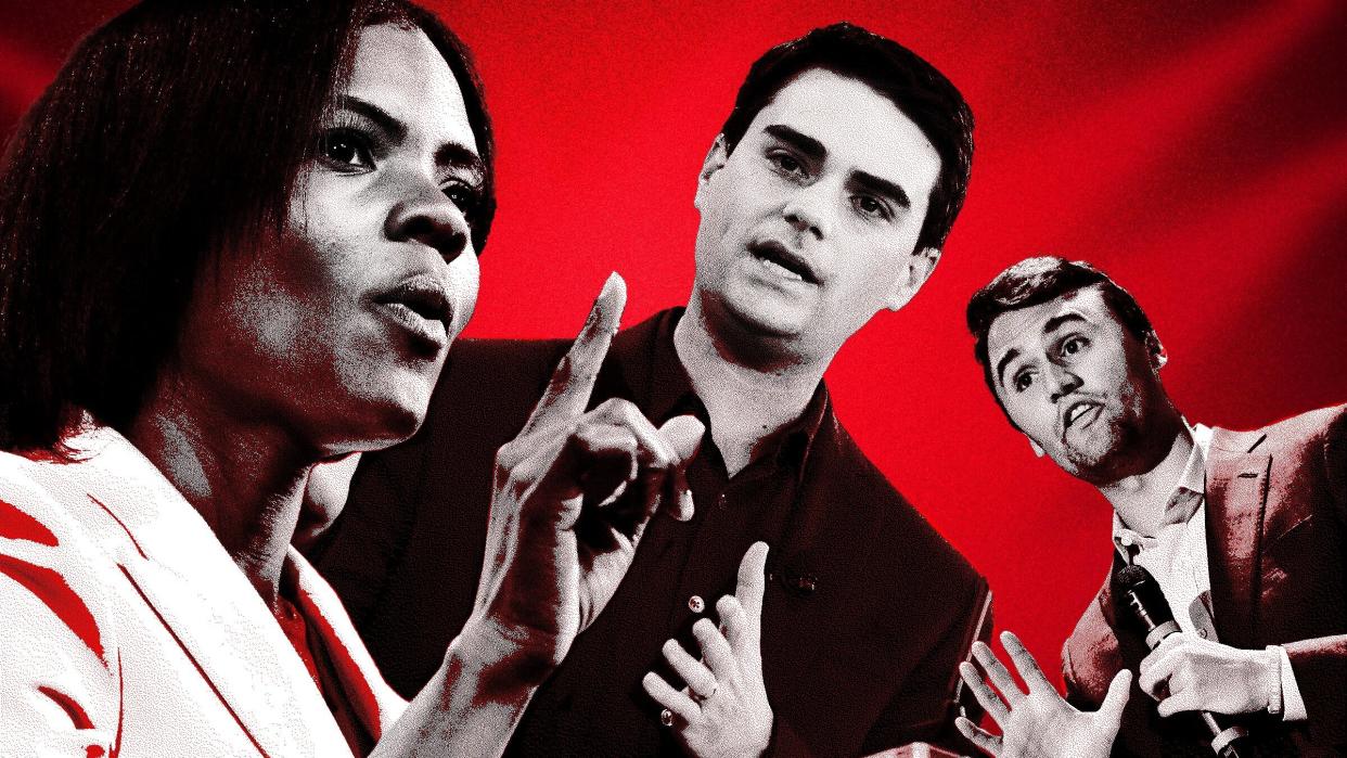 Candace Owens, Ben Shapiro and Charlie Kirk are some of the personalities who host PragerU videos. (Photo: Illustration: Damon Dahlen/HuffPost; Photos: Getty)