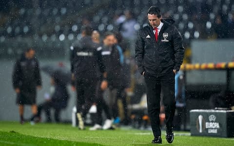 Unai Emery the manager of Arsenal FC reacts after Bruno Duarte of Vitoria Guimaraes SC scored a goal during the UEFA Europa League group F match between Vitoria Guimaraes and Arsenal FC - Credit: Getty Images