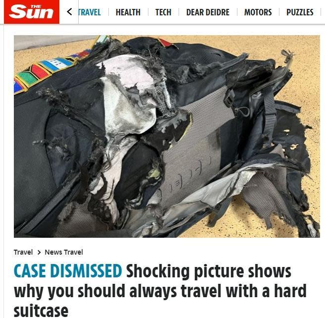 一名英國女子落地取回行李時，發現包包看起來面目全非，散發出「燃燒的氣味」。（翻攝自《太陽報》）