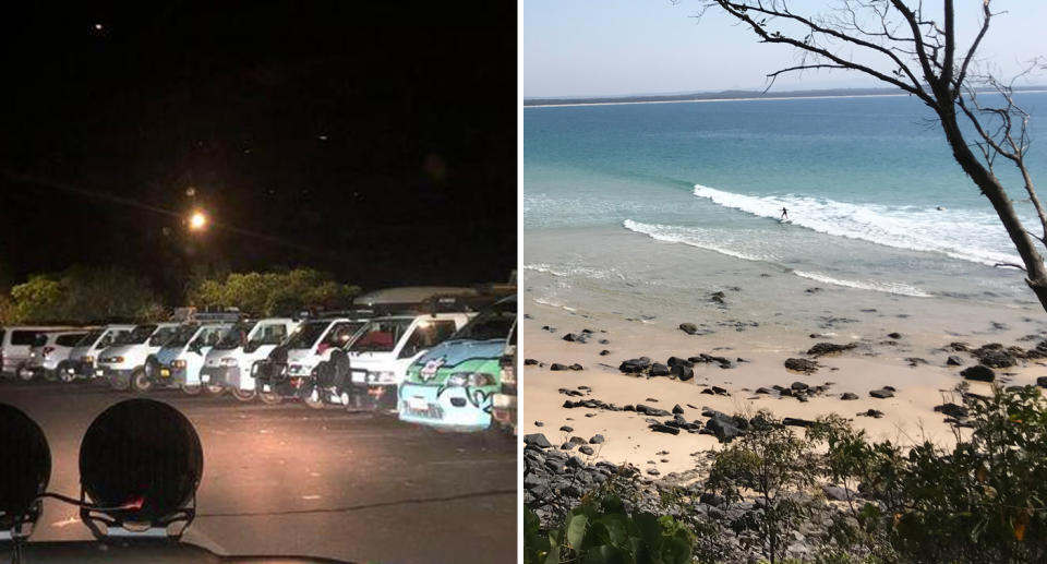 A car park in Noosa filled with tourists' campervans (left) and an overview of Noosa Heads beach (right).