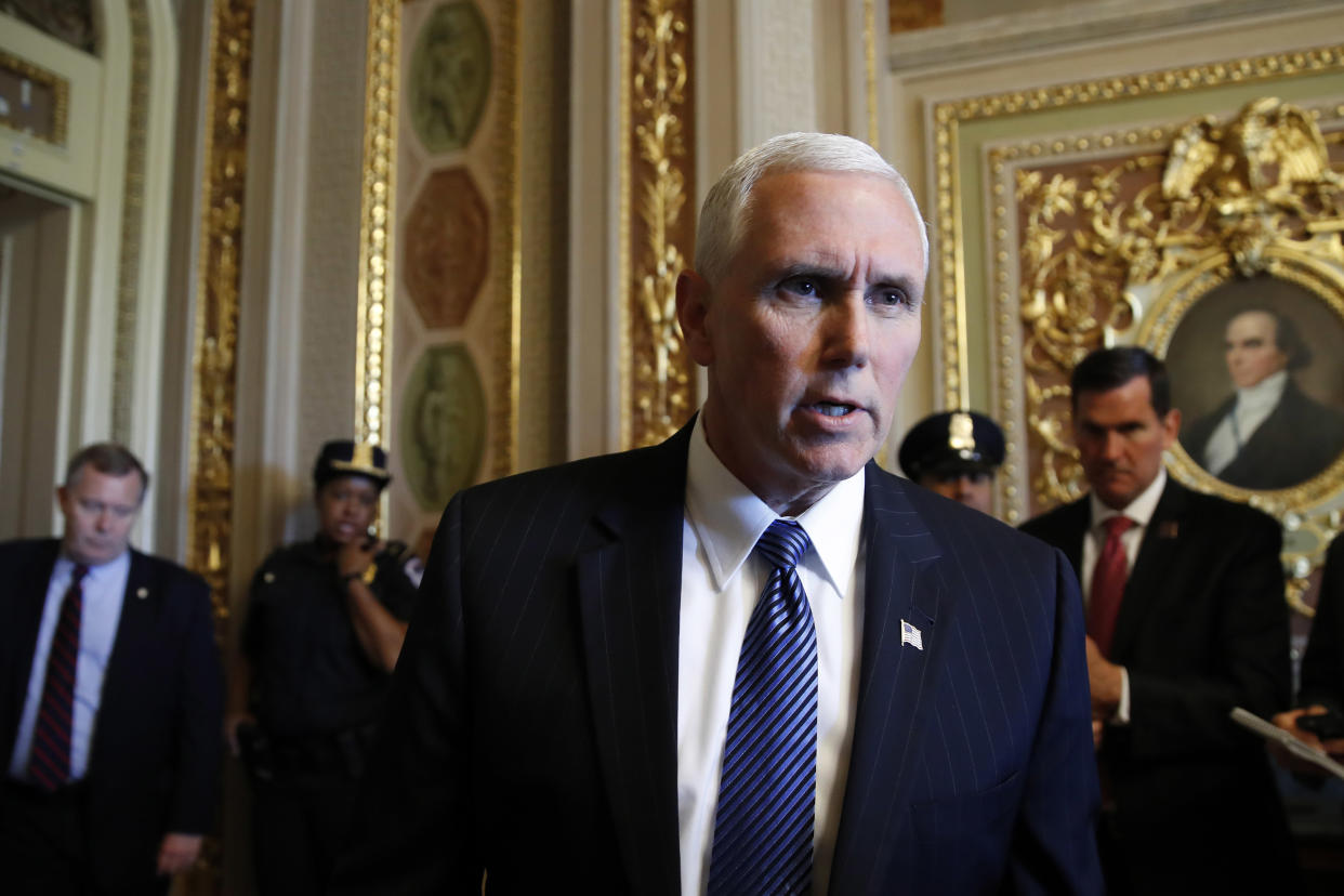 Vice President Pence talks to reporters on May 10 about the firing of FBI Director James Comey. (Photo: Jacquelyn Martin/AP)