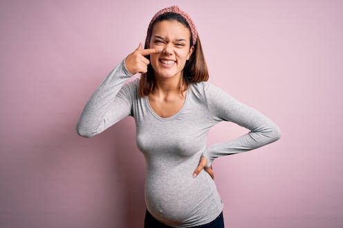 <span class="caption">Nosebleeds and a runny or stuffy nose are also common during pregnancy.</span> <span class="attribution"><a class="link " href="https://www.shutterstock.com/image-photo/young-beautiful-teenager-girl-pregnant-expecting-1809169852" rel="nofollow noopener" target="_blank" data-ylk="slk:Krakenimages.com/ Shutterstock;elm:context_link;itc:0;sec:content-canvas">Krakenimages.com/ Shutterstock</a></span>