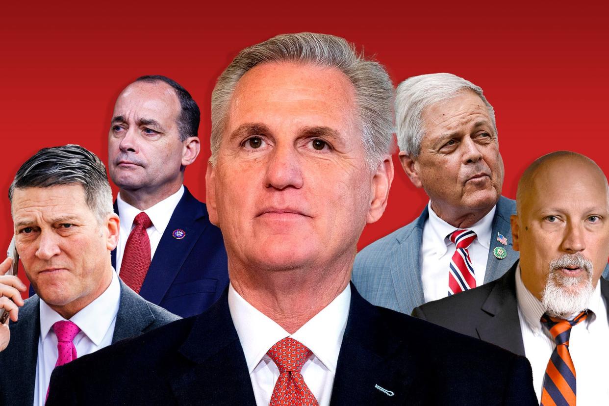 A group of senators in suits led by Kevin McCarthy.