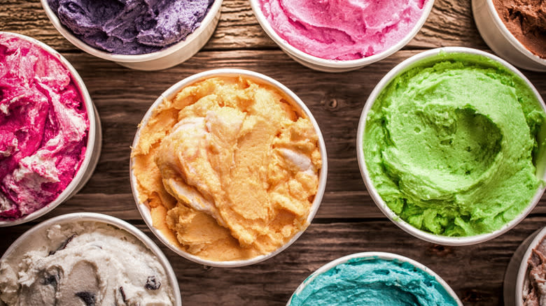 colored ice cream in tubs