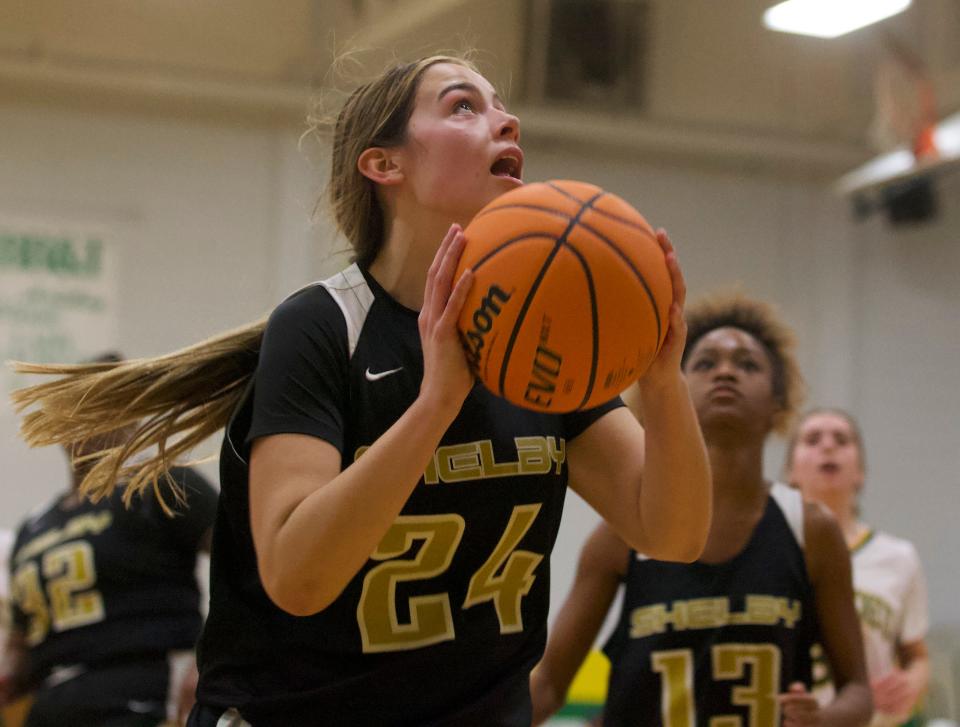 Shelby's Kate Hollifield prepares to go up for a basket in her team's 80-30 win over Bessemer City on Feb. 7, 2022.