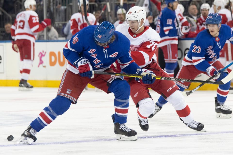 New York Rangers defenseman Marc Staal (18) skates against Detroit Red Wings center Christoffer Ehn (70) during the first period of an NHL hockey game, Wednesday, Nov. 6, 2019, at Madison Square Garden in New York.