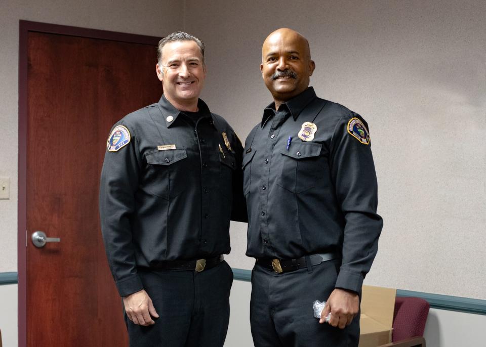 San Bernardino County Fire Chief Dan Munsey, left, recently announced the appointment of Assistant Fire Chief Martin Serna.