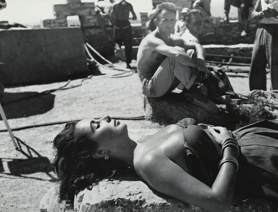 Elizabeth Taylor sunbathing during a shoot