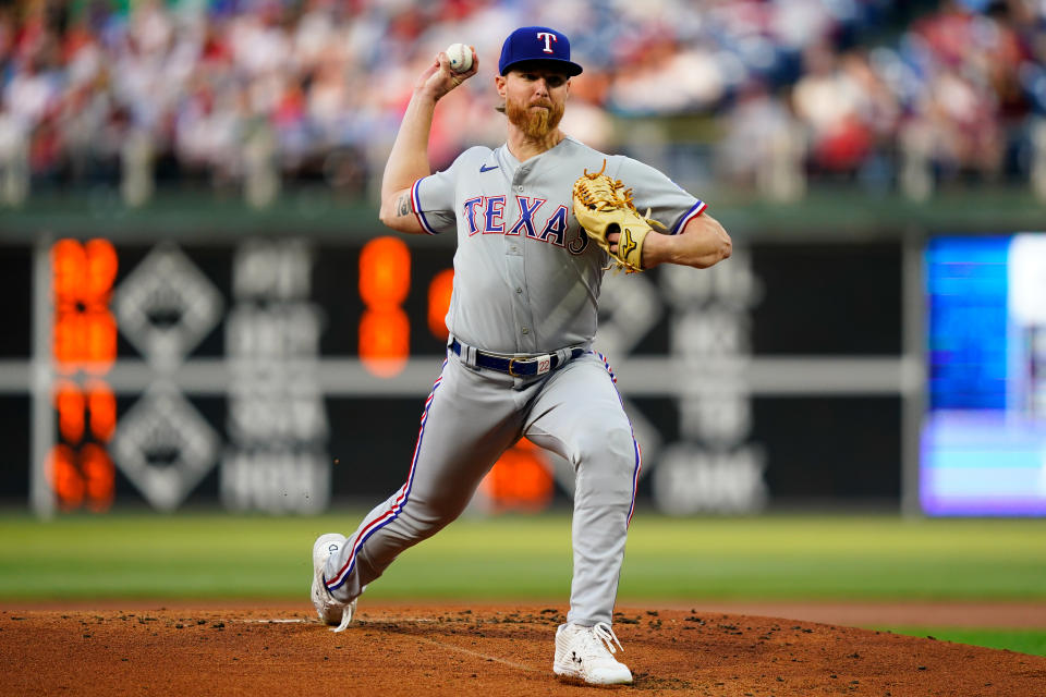 Texas Rangers' Jon Gray pitches during the first inning of the team's baseball game against the Philadelphia Phillies on Tuesday, May 3, 2022, in Philadelphia. (AP Photo/Matt Rourke)