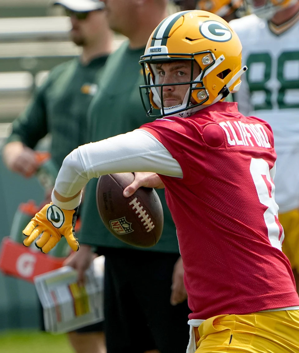 Green Bay Packers quarterback Sean Clifford, shown during organized team activities May 23 in Green Bay, got a surprise video message from former Packers quarterback Aaron Rodgers.