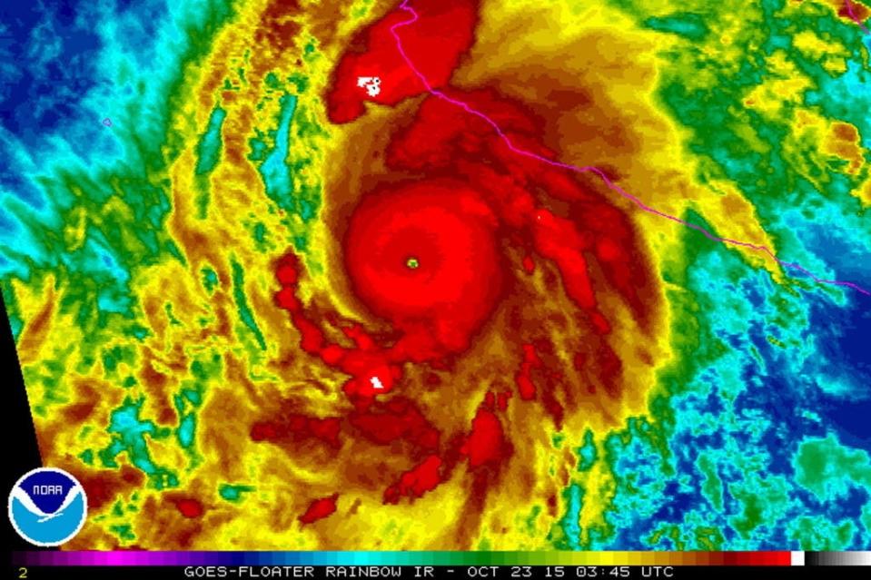 An enhanced satellite image released National Oceanic and Atmospheric Administration on Oct.23, 2015, shows Hurricane Patricia as it approaches the coastline of Mexico from the Eastern Pacific.