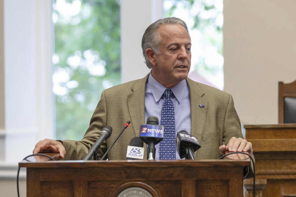 Nevada Governor Joe Lombardo speaks before signing an election worker protection bill into law at the old Assembly Chambers in Carson City, Nev., Tuesday, May 30, 2023. (AP Photo/Tom R. Smedes)