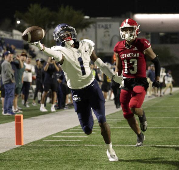 COSTA MESA, CA - SEPTEMBER 15: Sierra Canyon wide receiver Jae'on Young just misses an endzone pass in the second quarter against Orange Lutheran at Orange Coast College in Costa Mesa, CA on Friday, Sept. 15, 2023. (Myung J. Chun / Los Angeles Times)