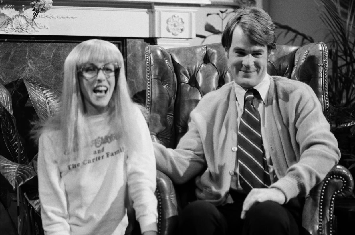SATURDAY NIGHT LIVE -- Episode 17 -- Pictured: (l-r) Laraine Newman as Amy Carter, Dan Aykroyd as Jimmy Carter during 