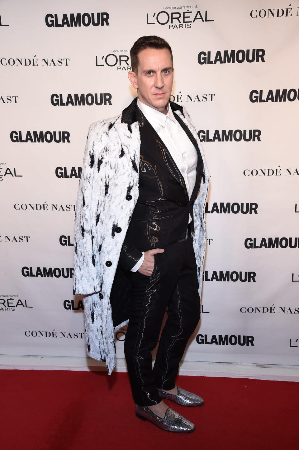 Jeremy Scott in a metallic suit of his own design at the 2015 Glamour Women Of The Year Awards.