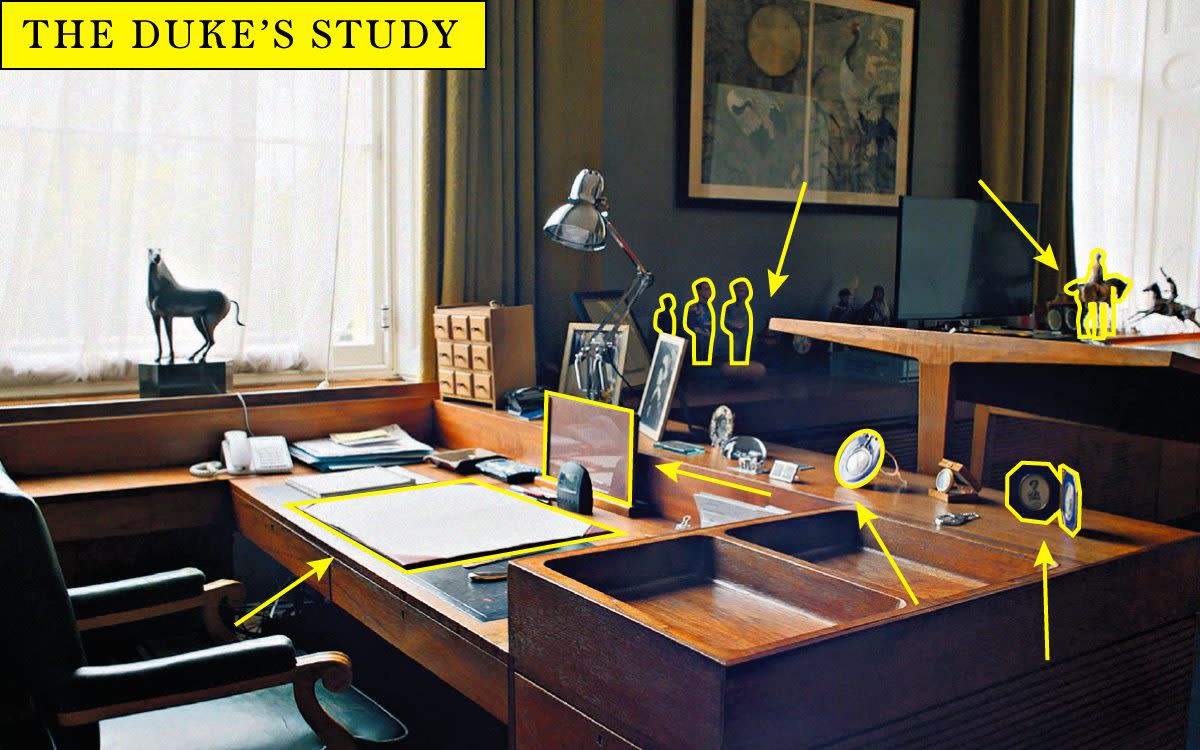 The Duke’s desk is a practical affair with a few touching items carrying memories of his marriage