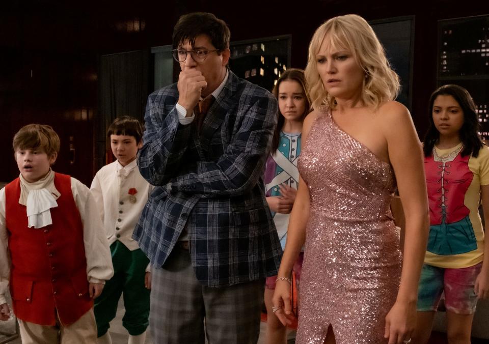 A married couple (Ken Marino and Malin Akerman) and a bunch of kids (Maxwell Simkins, Lucas Jaye, Sadie Stanley and Cree Cicchino) get embroiled in a heist in the family adventure comedy "The Sleepover."