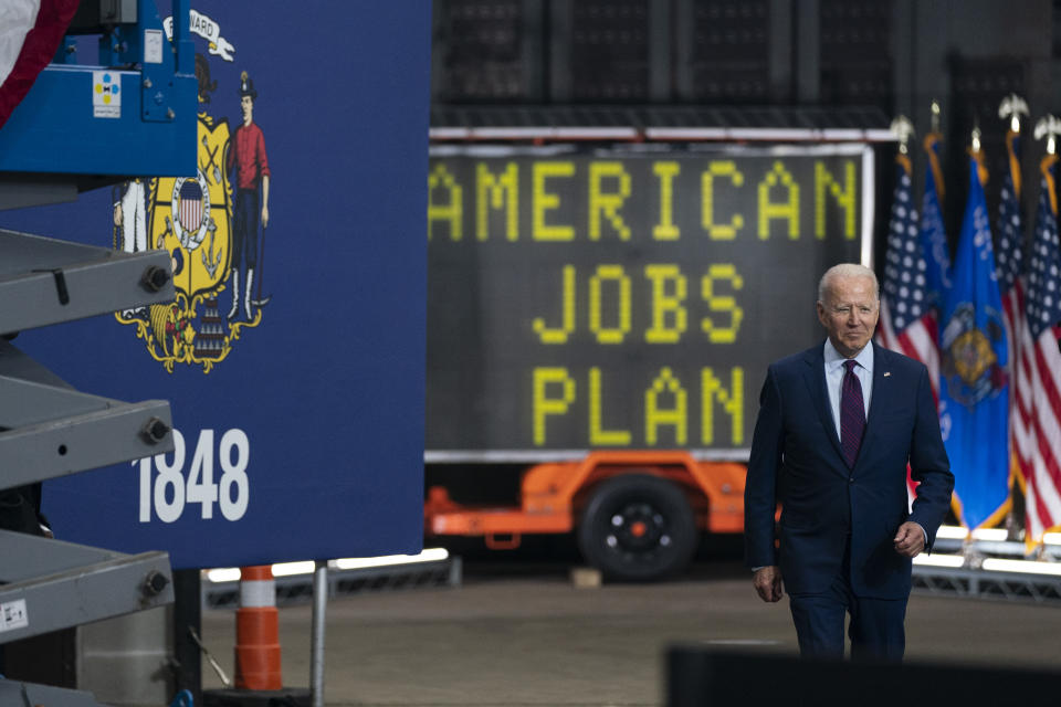 President Joe Biden arrives to speak about infrastructure spending at the La Crosse Municipal Transit Authority, Tuesday, June 29, 2021, in La Crosse, Wis. (AP Photo/Evan Vucci)