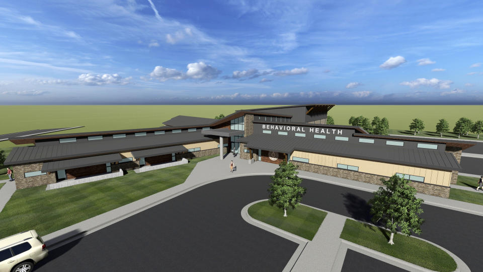 This artist rendering provided by the Cherokee Nation of Oklahoma shows a new treatment facility. The Cherokee Nation, which is headquartered in Tahlequah in northeast Oklahoma, is the nation's largest Native American tribe, with more than 440,000 enrolled citizens. A portion of its $98 million in opioid settlement funds will be used to construct a treatment facility that will be completely operated by the tribe and provide no-cost treatment for Cherokee Nation citizens struggling with substance abuse. (Cherokee Nation of Oklahoma via AP)
