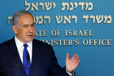 Israeli Prime Minister Benjamin Netanyahu gestures during a news conference at the Prime Minister's office in Jerusalem April 2, 2018. REUTERS/Ronen Zvulun