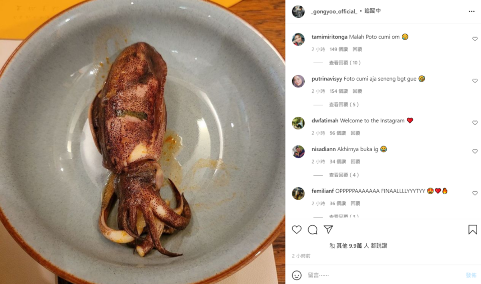 孔劉IG首PO是一隻煮熟的魷魚，不少粉絲猜測可能是他親自釣到的。（翻攝自孔劉Instagram）