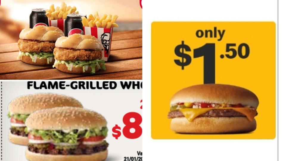 Burgers on special at KFC, McDonald's and Hungry Jacks.