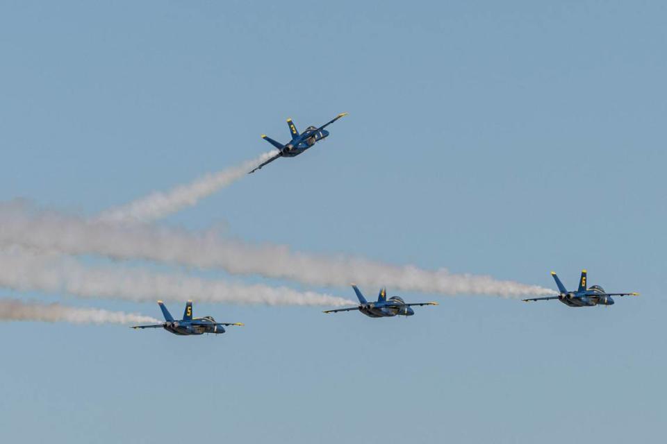 The Blue Angels begin a formation before landing during the ‘Wings over Cowtown’ Blue Angels airshow media day at the Naval Air Station Joint Reserve Base in Fort Worth on Thursday, April 11, 2024. Chris Torres/ctorres@star-telegram.com