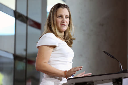 Canadian Foreign Minister Chrystia Freeland takes part in a news conference at the Embassy of Canada in Washington, U.S., August 31, 2018. REUTERS/Chris Wattie