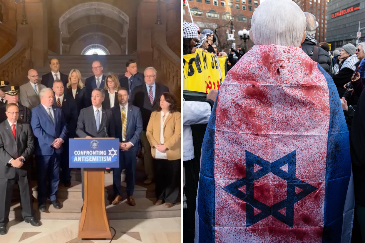 (L) Grab from New York State Senate Republicans Facebook page, (R) People take part in a pro-Palestine protest to mark International Woman's Day in Manhattan, New York. 08 March 2024.