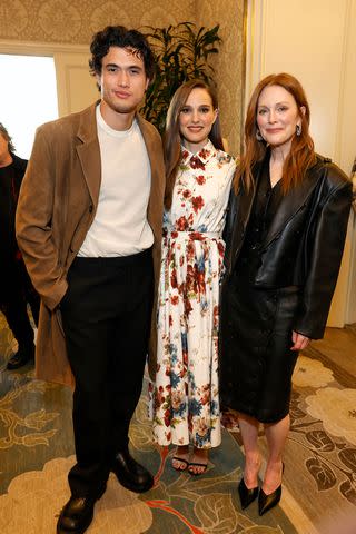 <p>Frazer Harrison/Getty</p> Charles Melton, Natalie Portman and Julianne Moore