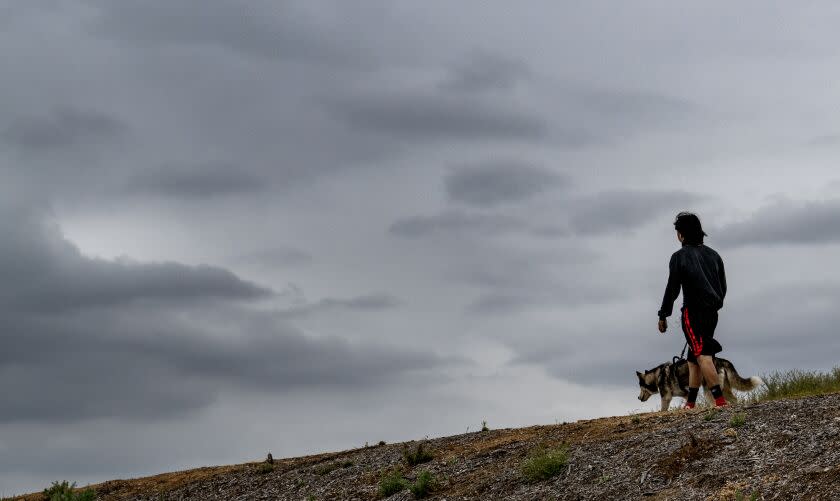 Under a ceiling of dark and ominous clouds, a resident walks his dog on the dirt trial in Riverside