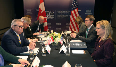 U.S. Secretary of Homeland Security Kirstjen Nielsen meets with Canada's Minister of Public Safety Ralph Goodale for bilateral talks on the second day of Foreign ministers from G7 countries meetings in Toronto, Ontario, Canada April 23, 2018. REUTERS/Fred Thornhill