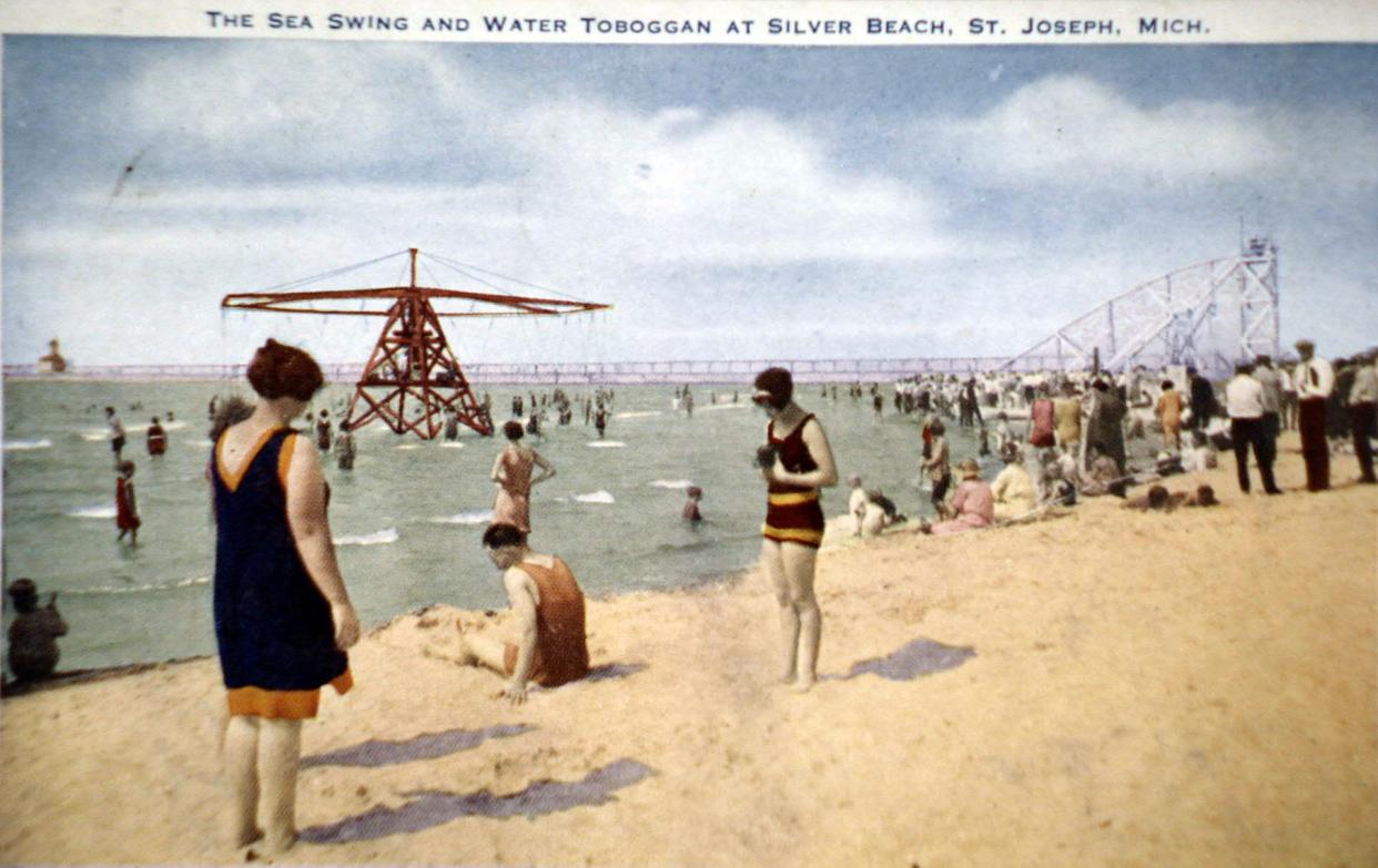 A postcard showing the sea swing and water toboggan at Silver Beach Amusement Park in St. Joseph.