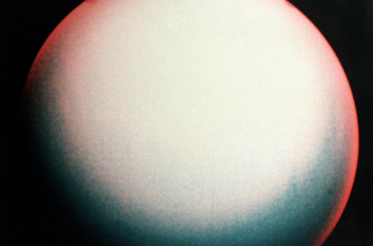 A false colour view of Uranus made from images taken by Voyager II in 1986 from a distance of 4.17 million kilometers: AFP/Getty