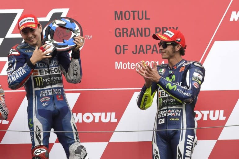 Lorenzo and Rossi celebrate on the podium at Motegi. Their relationship has not always been so rosy. (Photo courtesy Yamaha Racing.)