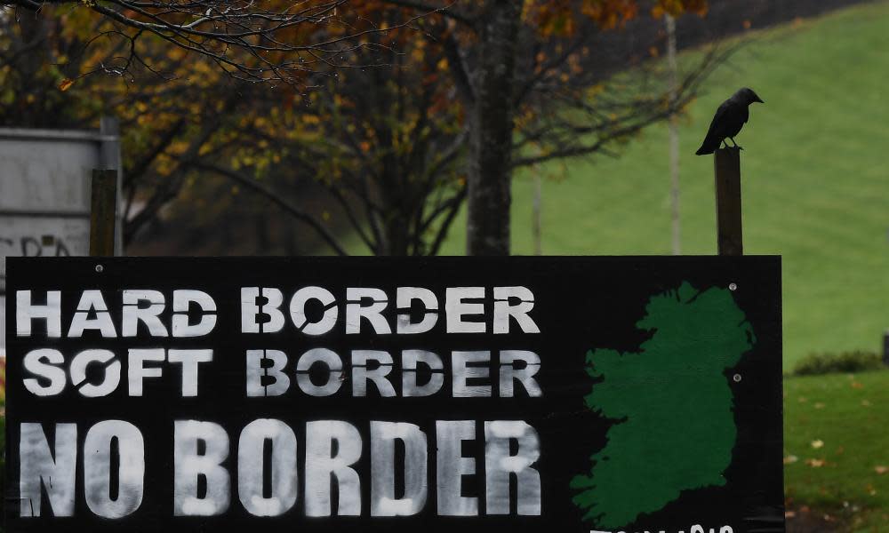 A sign calling for no Irish border is seen in Londonderry, Northern Ireland.