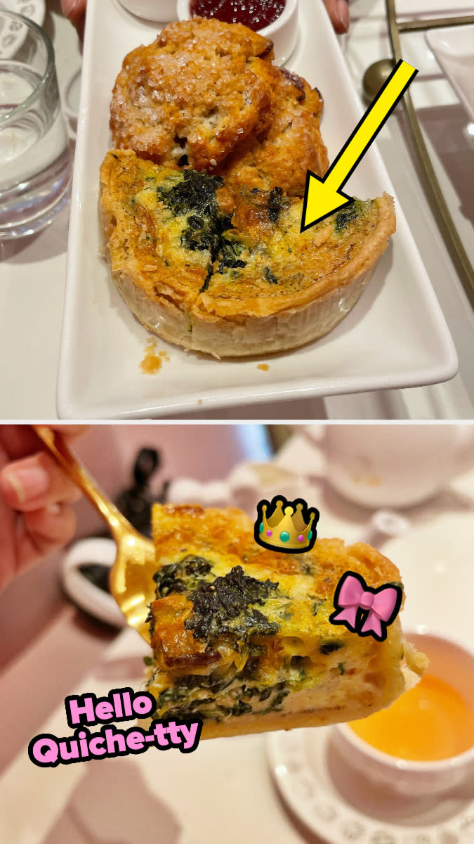 Close-up shots of the quiche with text that says "Hello Quiche-tty"