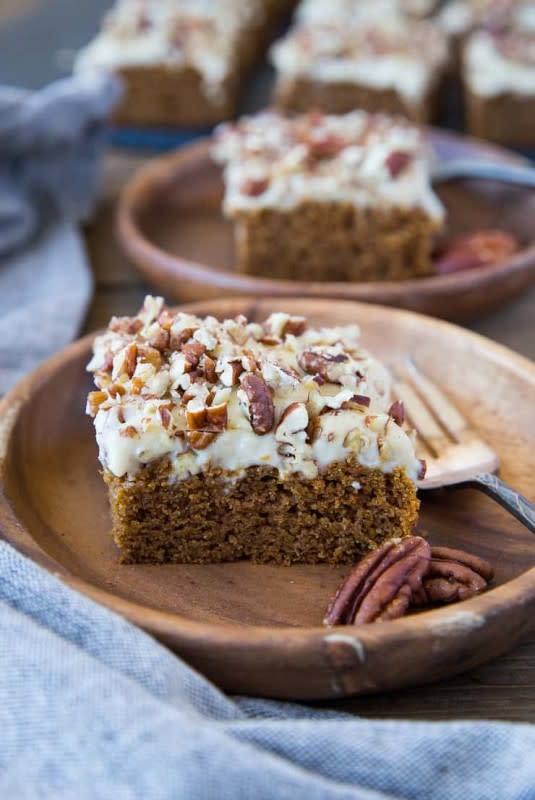 <p>The Roasted Root</p><p>Moist, pumpkin-forward, and completely dairy-free.</p><p><strong>Get the recipe: </strong><a href="https://www.theroastedroot.net/vegan-pumpkin-snack-cake/" rel="nofollow noopener" target="_blank" data-ylk="slk:Vegan Pumpkin Snack Cake;elm:context_link;itc:0;sec:content-canvas" class="link rapid-noclick-resp"><strong>Vegan Pumpkin Snack Cake</strong></a></p>