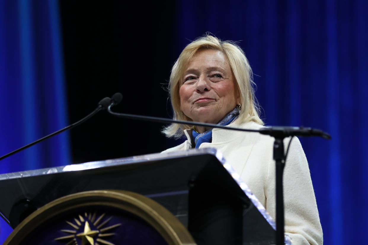 AUGUSTA, ME - JANUARY 4: Gov. Janet Mills pauses before addressing the audience during an inauguration ceremony on Wednesday at the Augusta Civic Center. (Staff photo by Ben McCanna/Portland Press Herald via Getty Images)