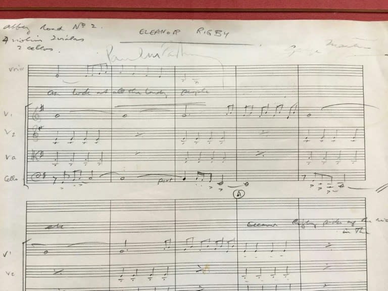 The original score for The Beatles' song Eleanor Rigby that will be auctioned on September 11 as part of the The Beatles Collection sale, in a picture released by Omega Auctions in Warrington, northwest England, on August 21, 2017